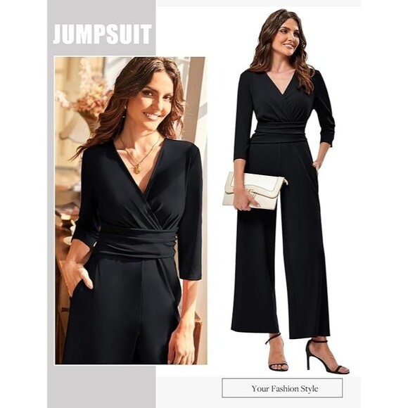 XL Women 3/4 Length Sleeve Jumpsuits Wrap V Neck Empire Waist Romper Flowy Pants - Picture 1 of 4